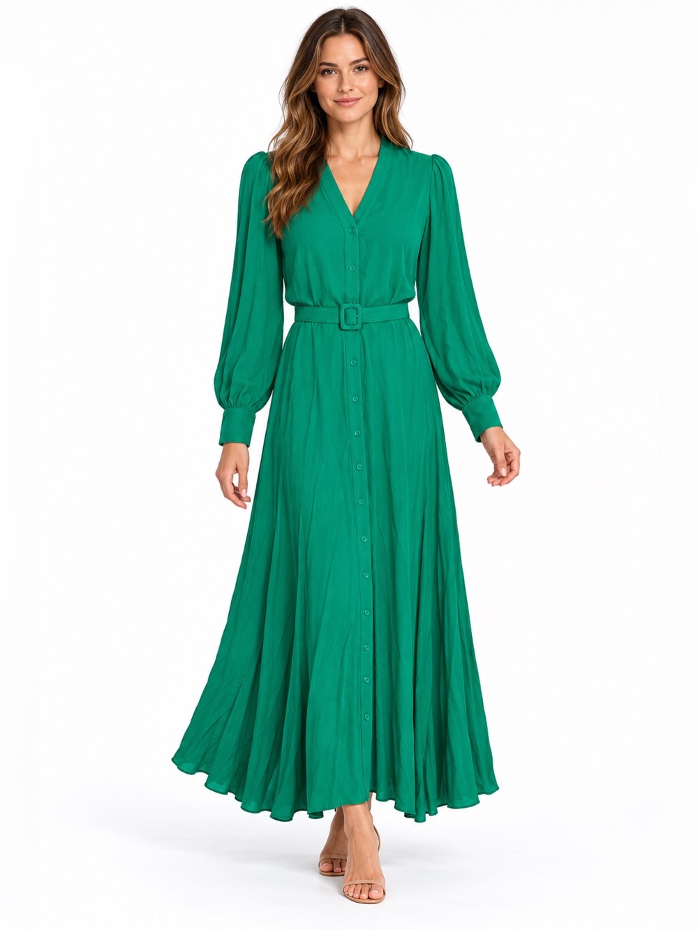 Hale Bob NWT Marlena Maxi Dress Green V-Neck Long Sleeve Button-Front with Belt